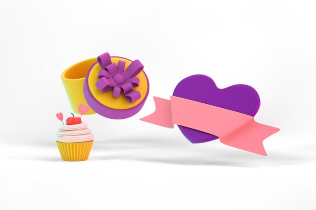 Cupcake con confezione regalo e cornice cuore lato destro in sfondo bianco
