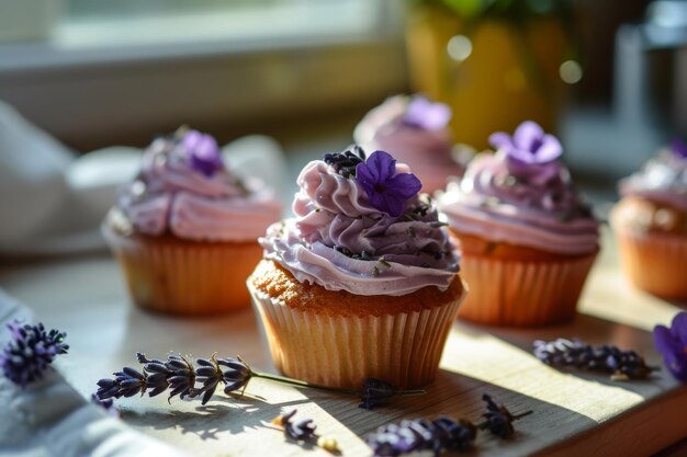 Cupcake con crema di burro di lavanda e fiori di lavanda secchi Muffin con crema e decorazione floreale AI generativa