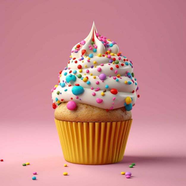 Cupcake con crema e confettini colorati rendering 3d su sfondo rosa