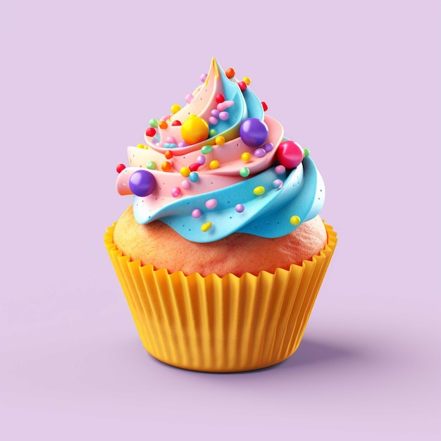 Cupcake con crema e confettini colorati rendering 3d su sfondo rosa