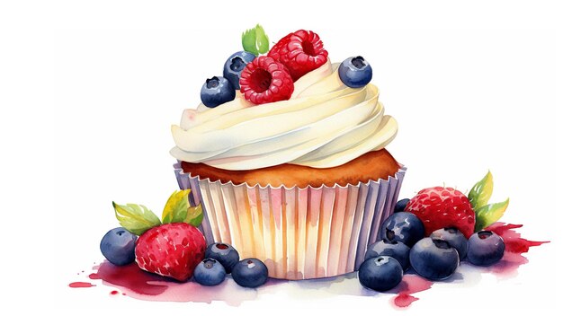 Cupcake con crema e frutta su sfondo bianco acquerello cibo festivo acquerello disegnato a mano