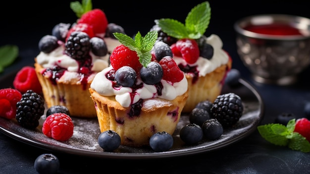 Cupcake con frutta e bacche in primo piano AI generativa