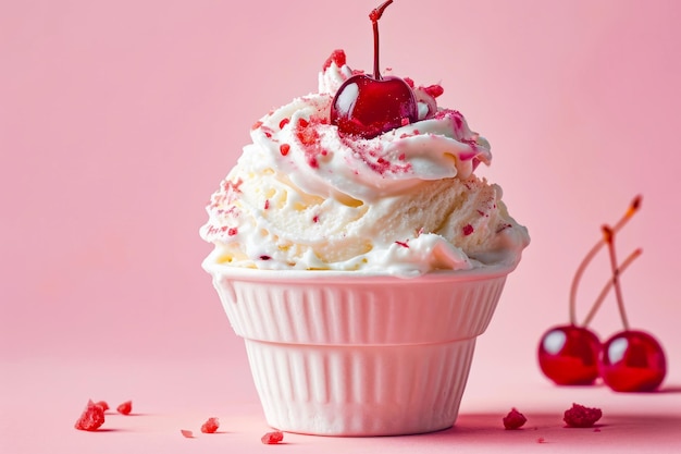 Cupcake con glassa bianca e ciliegie rosse in cima