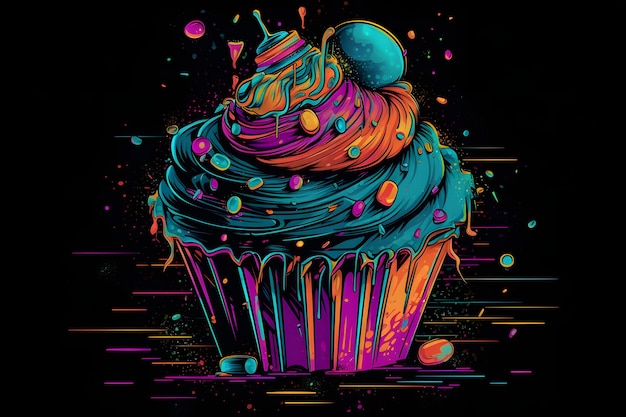 Cupcake con glassa blu e granelli su sfondo nero IA generativa