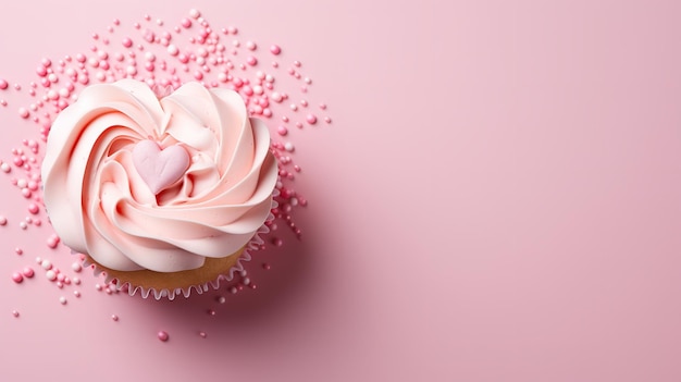 Cupcake con glassa di crema di burro rosa vista dall'alto su uno sfondo rosa spazio di copia AI generativa