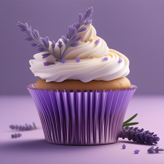 Cupcake con lavanda su sfondo viola illustrazione 3D