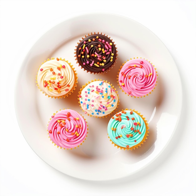 Cupcake con spruzzate su un piatto vista superiore con sfondo bianco isolato