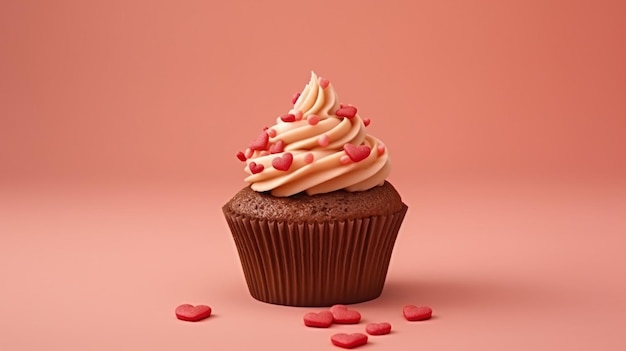 Cupcake decorati con cuori di zucchero per la festa di San Valentino su sfondo rosso