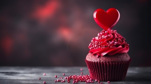 Cupcake decorati con cuori di zucchero per San Valentino su sfondo rosso