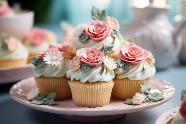 Cupcake decorati con fiori colorati in varietà assortite AI generativa