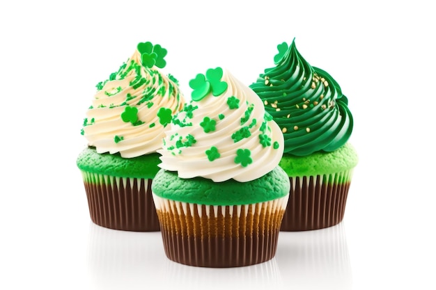 Cupcake decorato e quadrifogli verdi su sfondo bianco Celebrazione del giorno di San Patrizio Generative AI