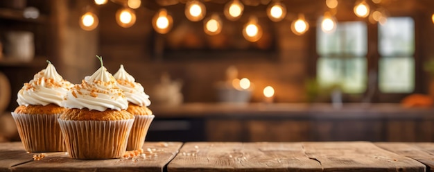 Cupcake di carote o muffin spruzzati di noci su un tavolo di legno in un'accogliente cucina rustica