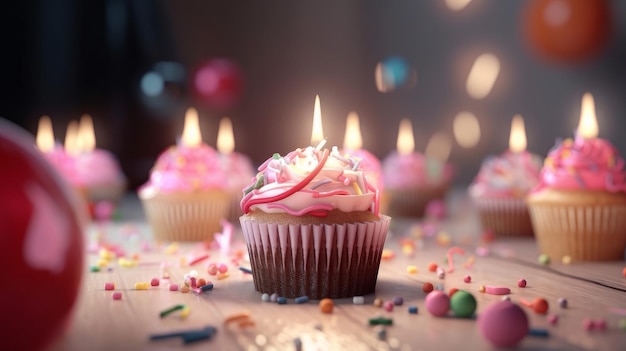 Cupcake di compleanno con candele Illustrazione AI GenerativexA