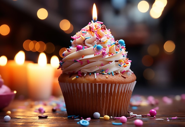 cupcake di compleanno con sfocamento sullo sfondo palloncini colorati immagine realistica ultra hd high design molto