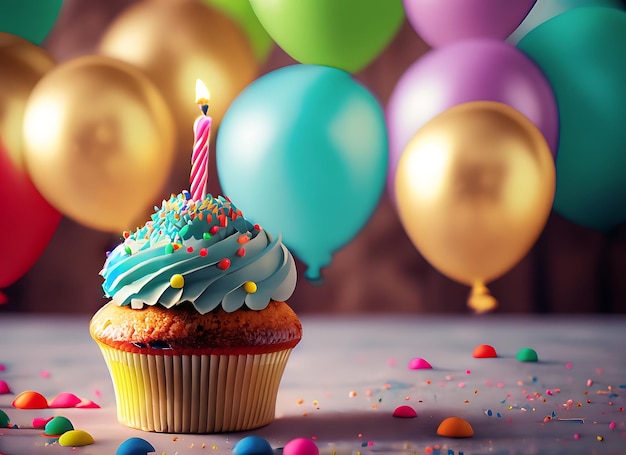 Cupcake di compleanno con sfondo sfocato palloncini colorati immagine realistica ultra hd