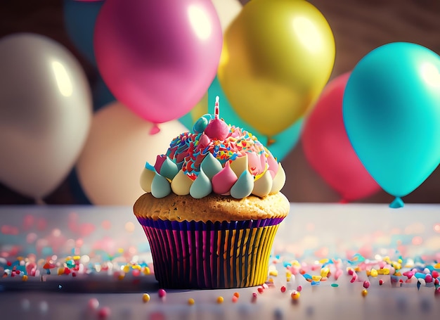Cupcake di compleanno con sfondo sfocato palloncini colorati immagine realistica ultra hd