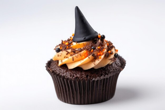 Cupcake di Halloween guarnito con cappello da strega smaltato AI generativo