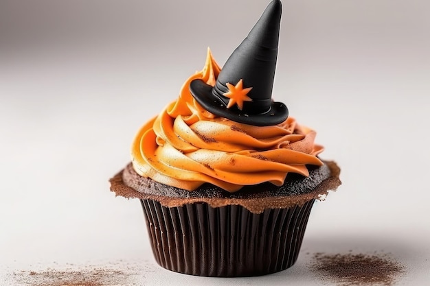 Cupcake di Halloween guarnito con cappello da strega smaltato AI generativo