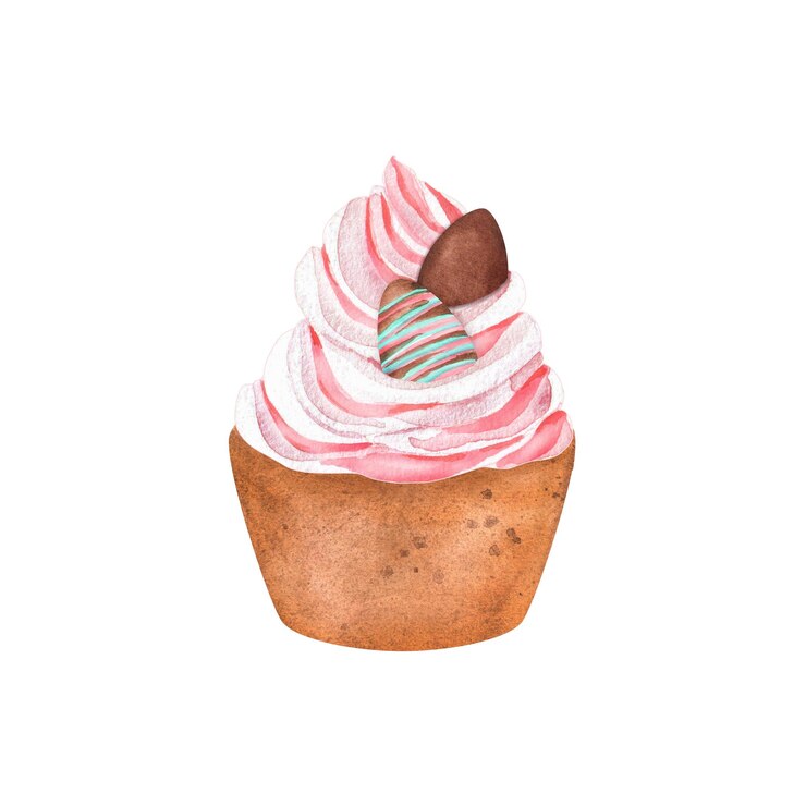 Foto cupcake di pasqua con crema rosa decorata con uova di cioccolato acquarello di pasqua disegnato a mano