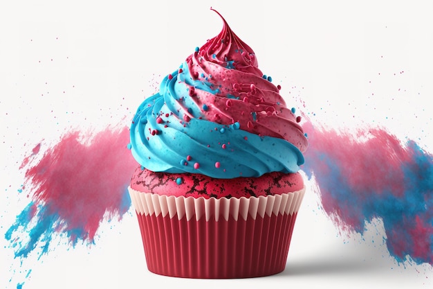 Cupcake di velluto rosso su sfondo bianco con panna montata blu e rosa e granelli colorati che guardano in alto