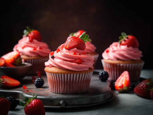 Cupcake dolce rosa fatto in casa con fragole AI generativa