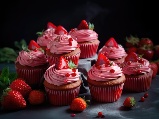 Cupcake dolce rosa fatto in casa con fragole AI generativa