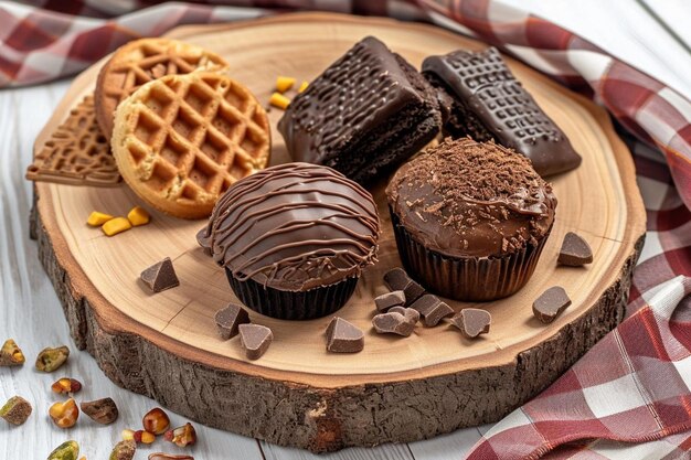 Cupcake e bastoncini di waffle su un piatto di legno nell'angolo superiore