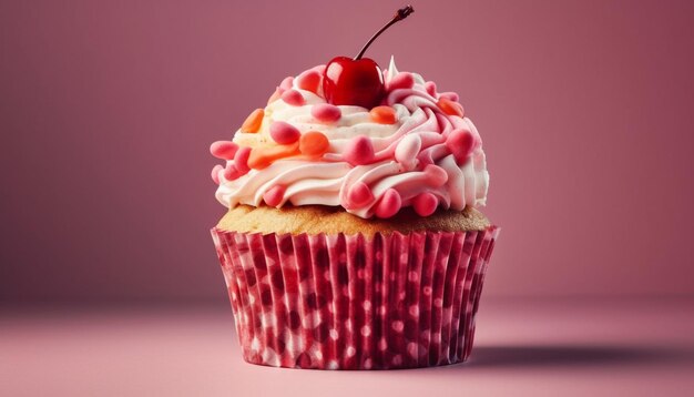 Cupcake fatto in casa con glassa rosa e fragole fresche generate dall'IA