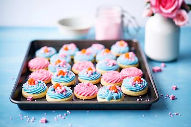 Cupcake frostati blu e rosa su un vassoio