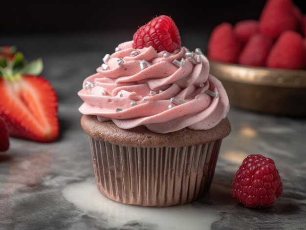 Cupcake glassati rosa con una fragola in cima IA generativa