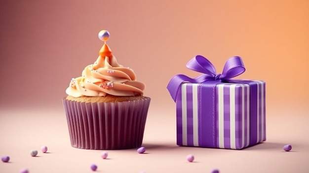 Cupcake gustoso con candela di compleanno e confezione regalo su sfondo lilla