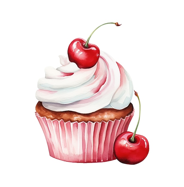 Cupcake in acquerello con ciliegie fresche isolate su sfondo bianco Può essere utilizzato per la progettazione di menu, pubblicità di caffè ecc.