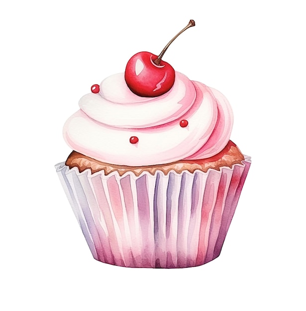 Cupcake in acquerello con ciliegie fresche isolate su sfondo bianco Può essere utilizzato per la progettazione di menu, pubblicità di caffè ecc.