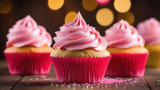 Cupcake luminosi su uno sfondo sfocato La decorazione del dessert è di crema rosa e l'imballaggio Un regalo romantico di festa Buon Valentino