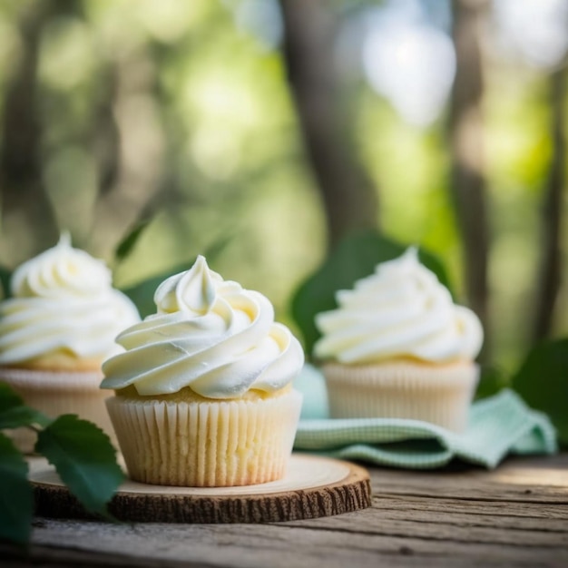 cupcake muffin con crema alla vaniglia su immagini di illustrazione di sfondo di legno