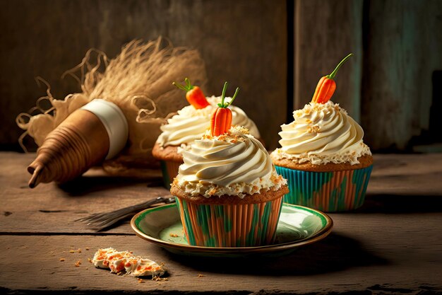 Cupcake muffin con crema e decorazione Torta di carote sul tavolo