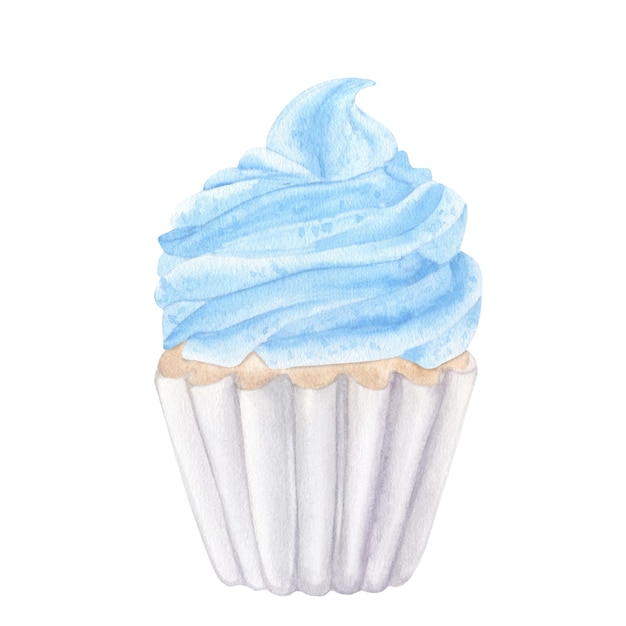 Cupcake muffin crema blu Cibo dolce clipart Illustrazione dell'acquerello disegnata a mano isolata