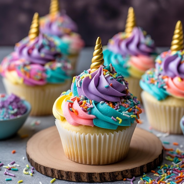 Cupcake muffin unicorno pieno di colori e dolci caramelle