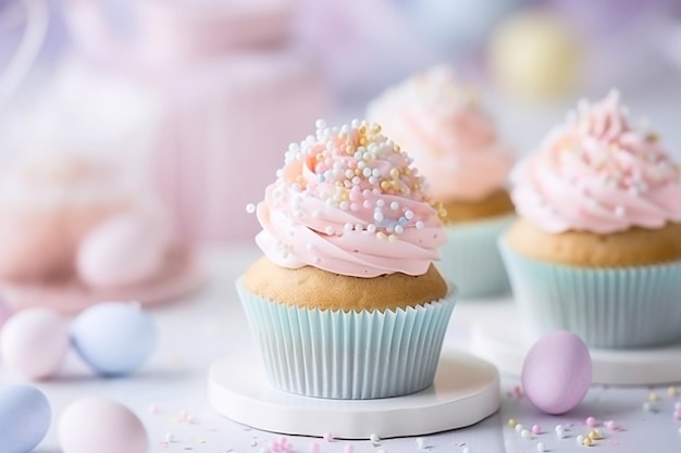 Cupcake per le celebrazioni di Pasqua colori pastello e fuoco poco profondo
