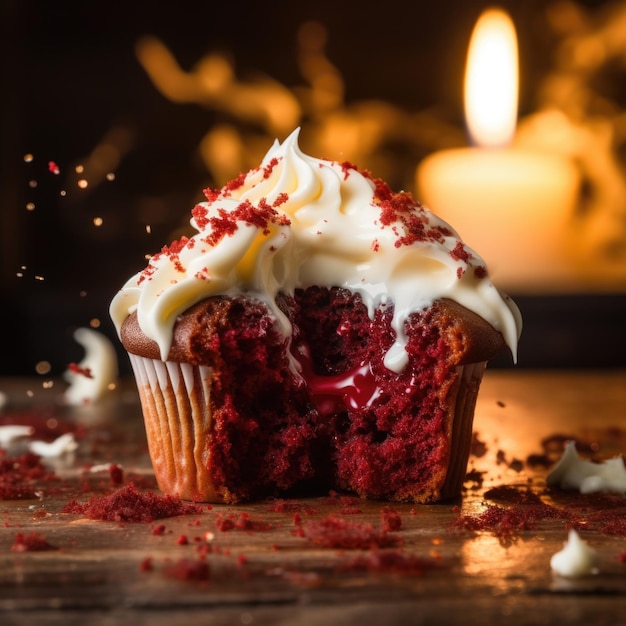 Cupcake Red Velvet immerso nella glassa di crema di formaggio con spruzzi e onde