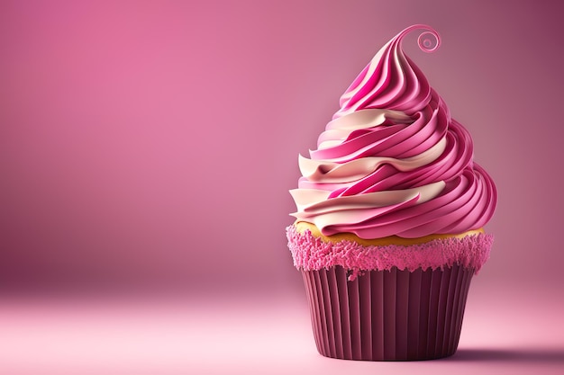 Cupcake rosa con crema su sfondo rosa Illustrazione dell'IA generativa