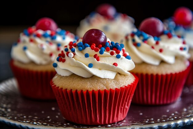 Cupcake rossi, bianchi e blu con una ciliegina sulla torta