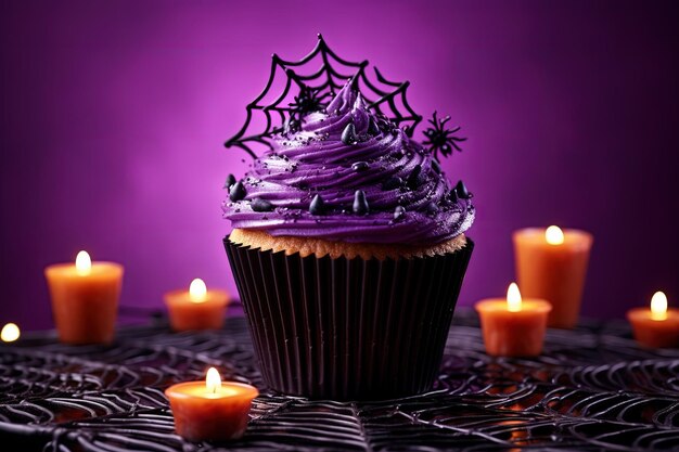 Cupcake su un podio di vetro con ragnatela e ragni su sfondo viola per un Halloween creativo