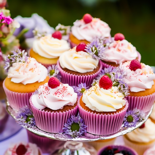 Cupcake torte focaccine e muffin e decorazioni per le vacanze all'aperto presso il giardino in stile country inglese dolci dessert per matrimoni, compleanni o feste generative ai