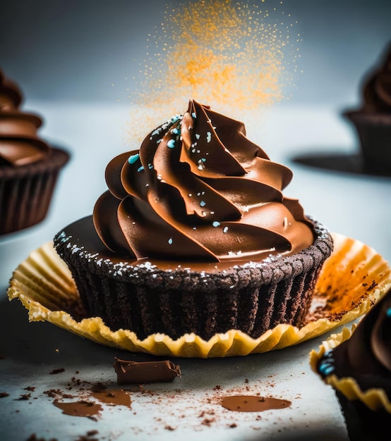 Cupcakes al cioccolato con glassa al cioccolato e codette AI generativa