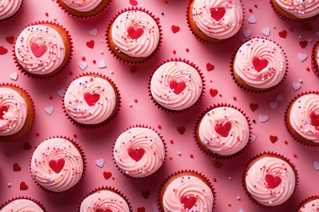 Cupcakes al cioccolato con glassa rosa dolce indulgenza con granelli di cuore