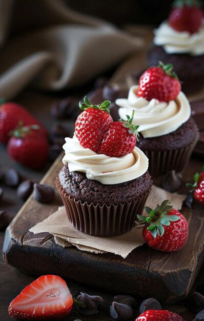 cupcakes al cioccolato e dolci al cioccolato su vassoi di legno