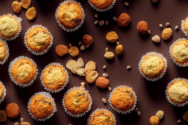 Cupcakes al cioccolato piatto mockup sfondo Muffin di zucca autunnaliPasticcini gustosi in legno