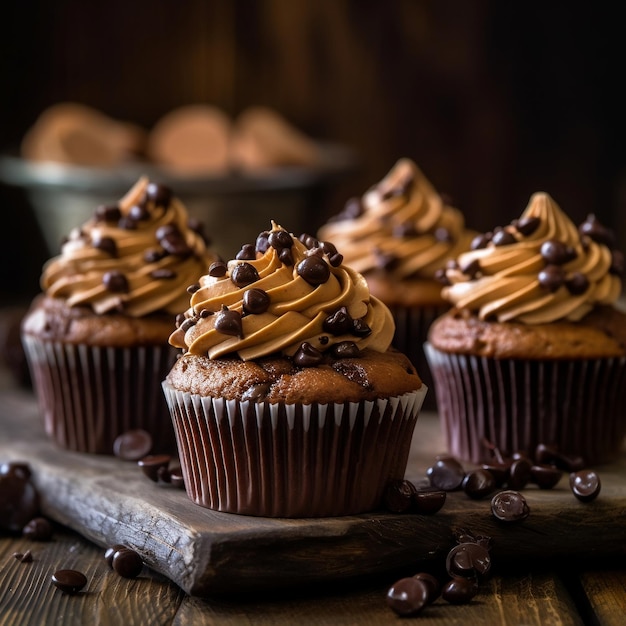 Cupcakes al cioccolato su superficie in legno IA generativa