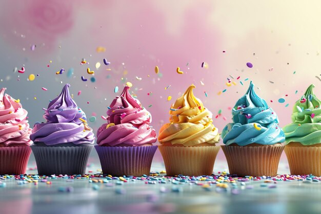 Cupcakes colorati con granelli che cadono su uno striscione